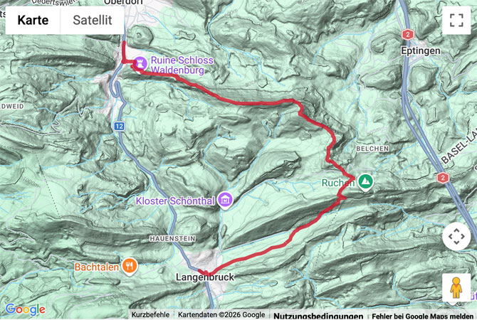 Routenskizze zur Wanderung über den Rehhag nach Waldenburg