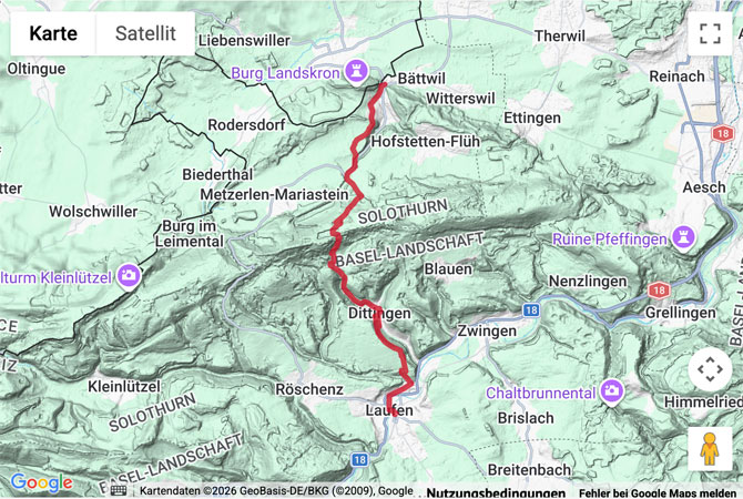 Routenskizze zur Pilgerwanderung vom Leymental ins Laufental
