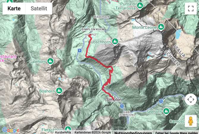 Routenskizze zur Bergwanderung vom Simplonpasses nach Simplon Dorf