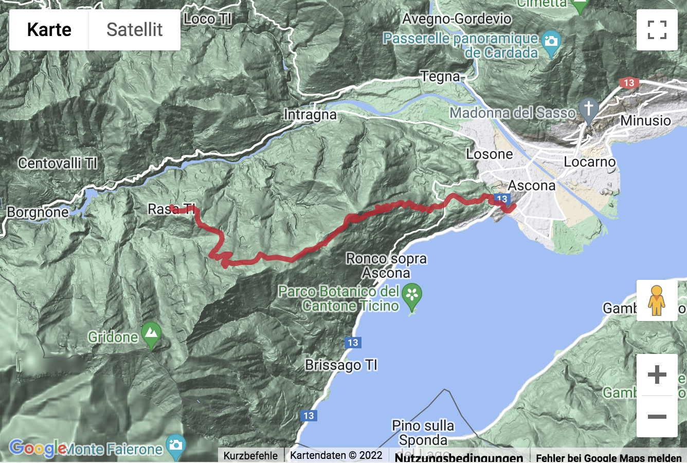 Übersichts-Routenkarte für die Bergwanderung über die Alpe di Naccio nach Rasa
