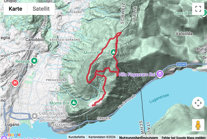 Routenskizze zur Gipfelwanderung von Brè auf den Monte Boglia