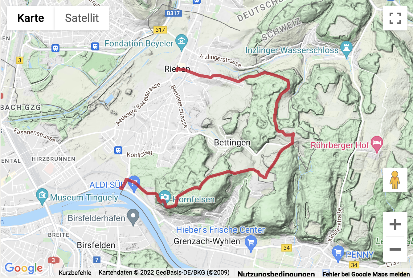 Carte de situation Randonnée de Riehen vers St. Chrischona à Bâle