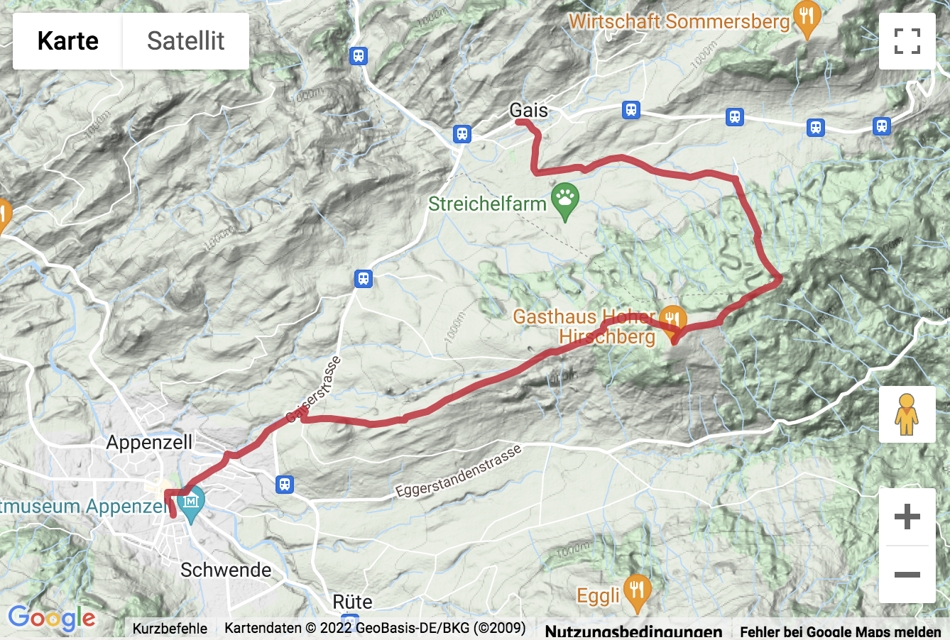 Übersichtskarte Randonnée vers Hoher Hirschberg à l'Appenzell