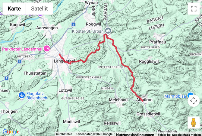Routenskizze zur Wanderung nach St. Urban und zu den Wässermatten
