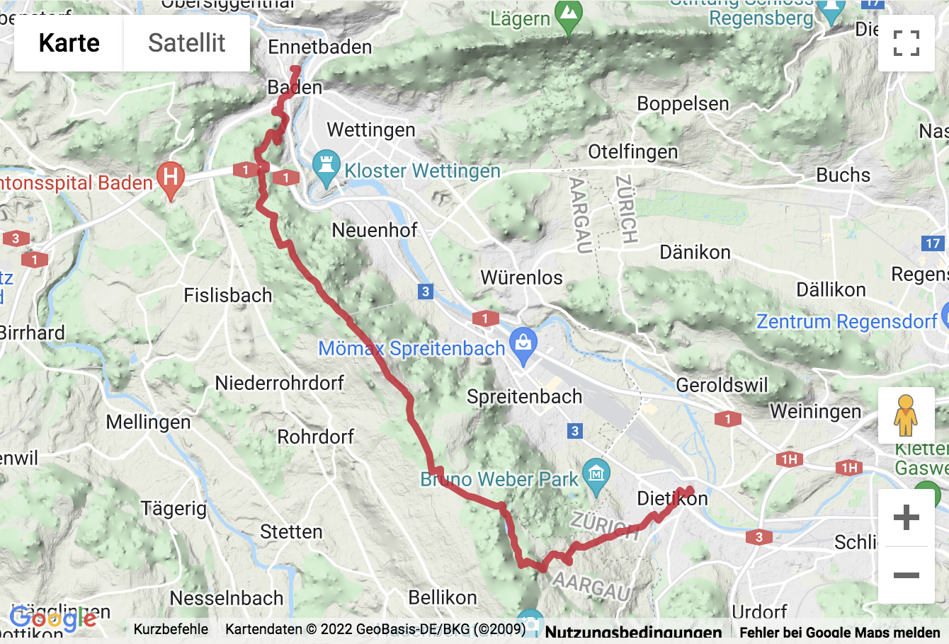 Übersichts-Routenkarte für die Panoramawanderung über den Heitersberg