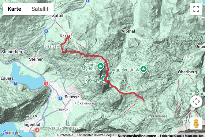 Routenskizze zur Schwyzer Panoramaweg vom Mostelberg auf die Ibergeregg