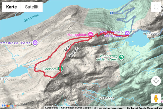 Routenskizze zur Gipfelwanderung vom Grimselpass aufs Sidelhorn