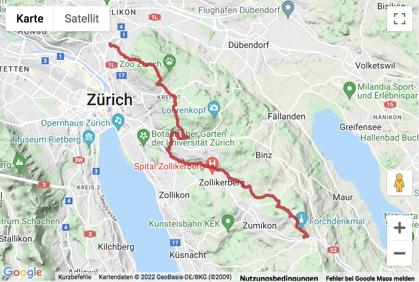 Übersichtskarte Tobelwanderung am Stadtrand von Zürich