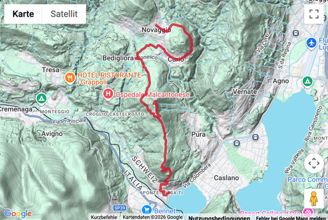 Routenskizze zur Wanderung von Novaggio nach Ponte Tresa