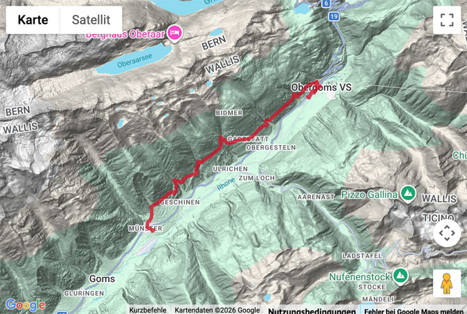 Routenskizze zur Wanderung auf dem Gommer Höhenweg Teil 1