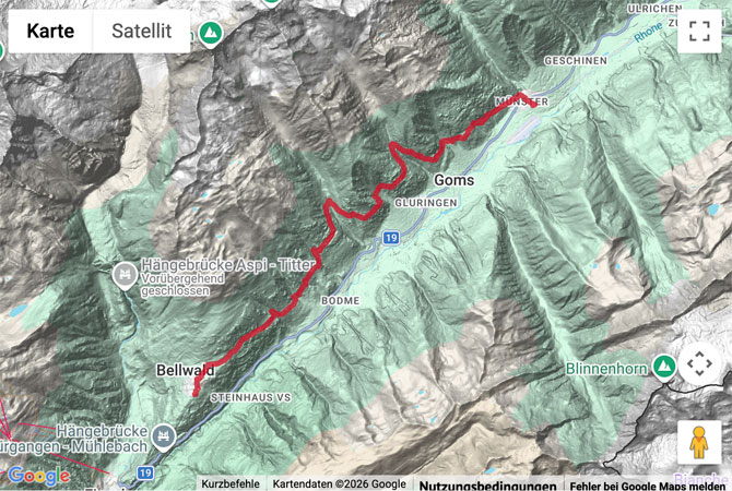 Routenskizze zur Wanderung auf dem Gommer Höhenweg Teil 2