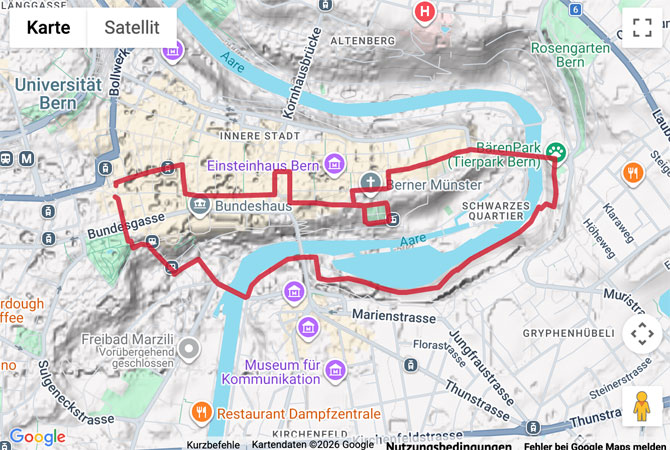 Routenskizze zur Stadtwanderung im UNESCO Welterbe Bern