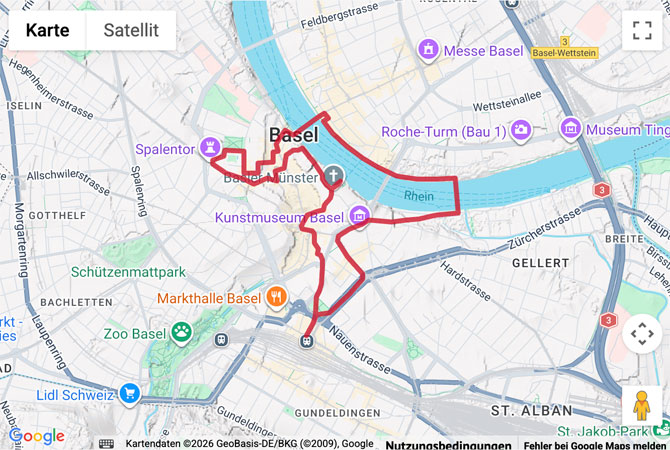 Routenskizze zur Stadtwanderung in Basel