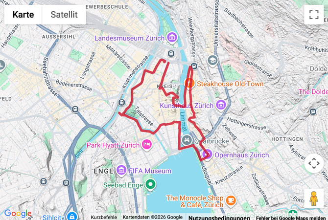 Routenskizze zur Stadtwanderung in der Limmatstadt Zürich