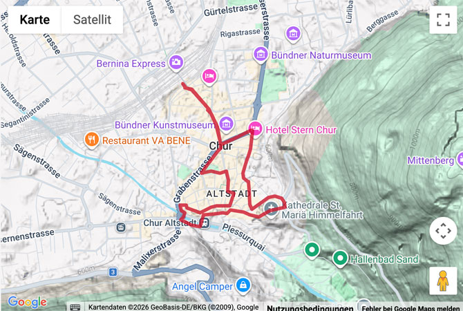 Routenskizze zur Stadtwanderung in der Alpenstadt Chur