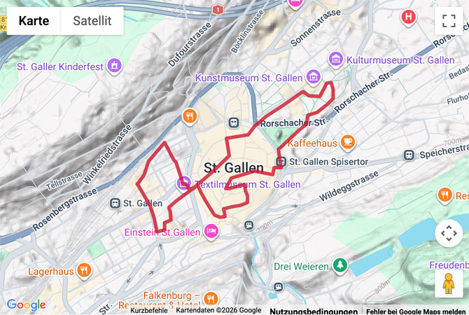 Routenskizze zur Stadtwanderung in der Klosterstadt St. Gallen