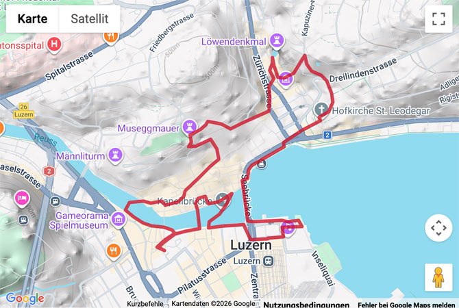 Routenskizze zur Stadtwanderung in der Leuchtenstadt Luzern