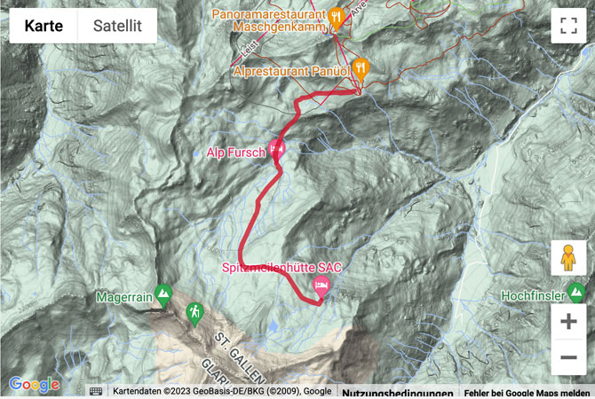 Übersichts-Routenkarte für die Schneeschuhtour zur Spitzmeilenhütte SAC