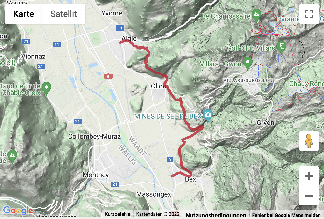 Übersichtskarte Rebenwanderung im Chablais von Aigle nach Bex