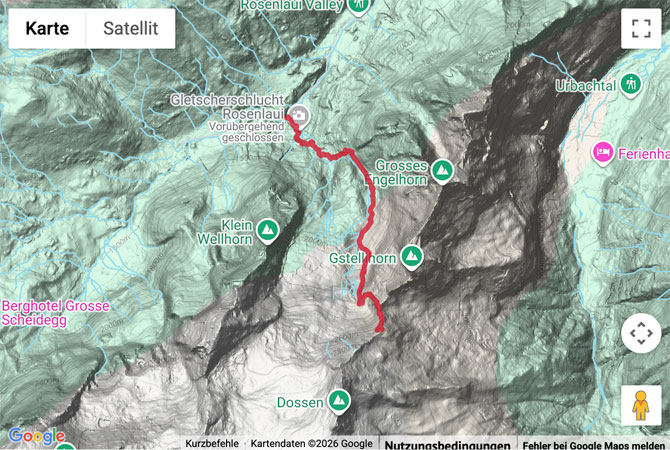Routenskizze zur Wanderung zur Dossenhütte