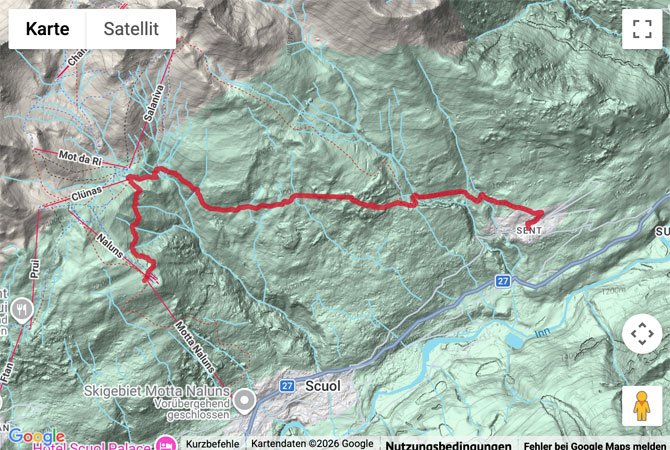 Routenskizze zur Wanderung von Scuol nach Sent