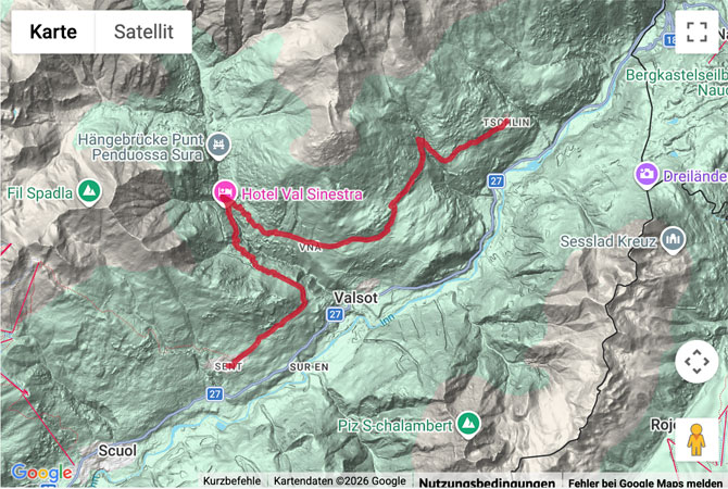 Routenskizze zur Wanderung von Sent nach Tschlin