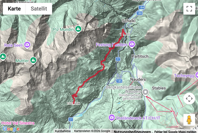 Routenskizze zur Wanderung von Tschlin nach Vinadi