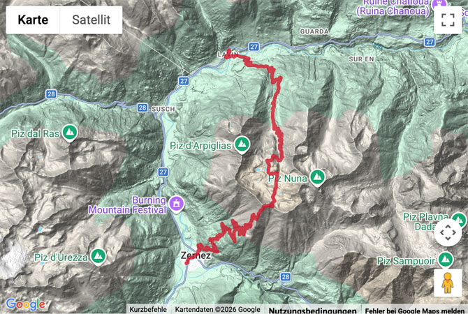 Routenskizze zur Bergwanderung von Zernez zu den Macun Seen
