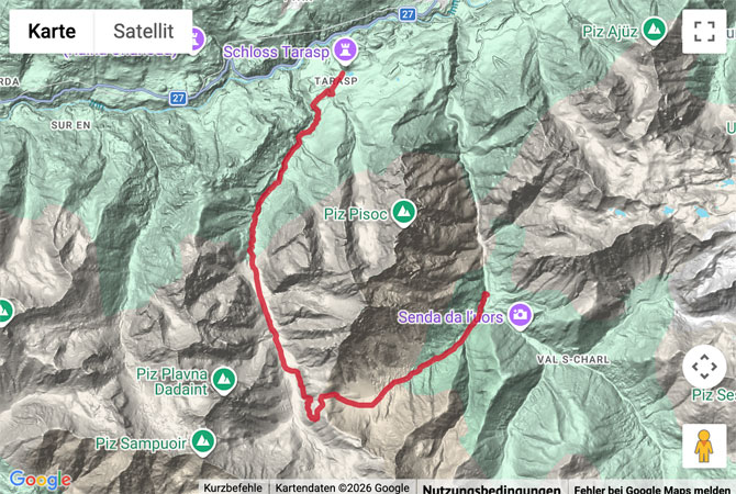 Routenskizze zur Bergwanderung durchs Val Mingèr und ins Val Plavna