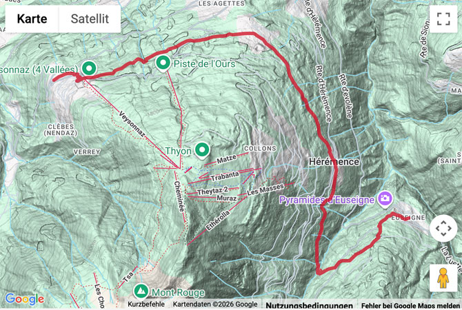 Routenskizze zur Suonenwanderung zu den Pyramiden bei Euseigne