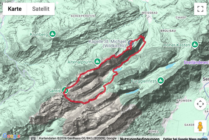 Routenskizze zur Alpine Bergwanderung im Alpstein (2 Tage)