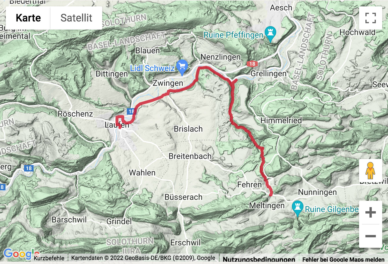 Carte de situation avec l'itinéraire pour la Randonnée à travers la vallée de Chaltbrunnen à Laufon
